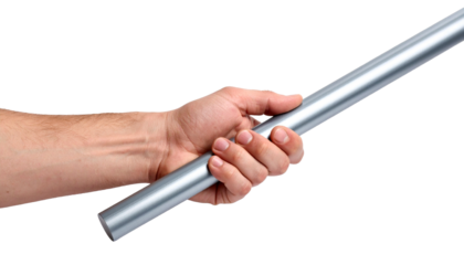 A hand firmly gripping a metallic baton