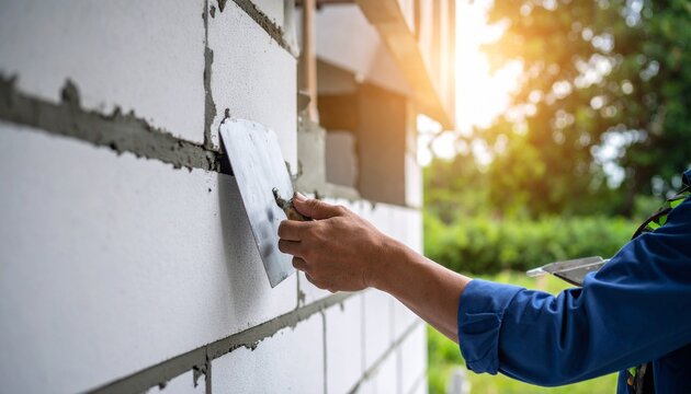A worker is smoothing aerated concrete block with spatula