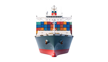 A large cargo ship loaded with colorful containers, navigating the open water, ready for shipping