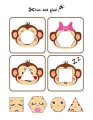 Children page with activity to cut, match and learn monkey shapes