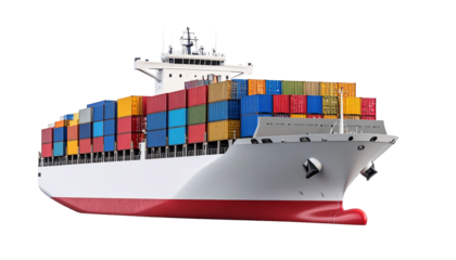 A large container ship loaded with colorful cargo containers on white background