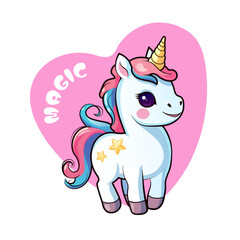 Cute Unicorn isolated colorful vector illustration in soft gradient on heart background with text: magic. Detailed magical children's print, poster, elememt for design of clothing, textiles, rooms.