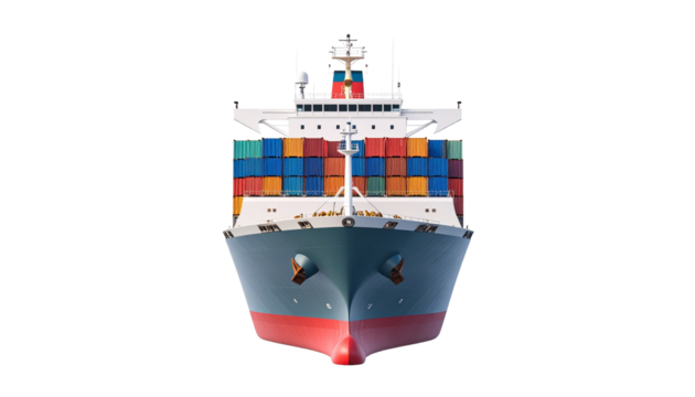 A large cargo ship loaded with colorful containers, navigating the open water, ready for shipping
