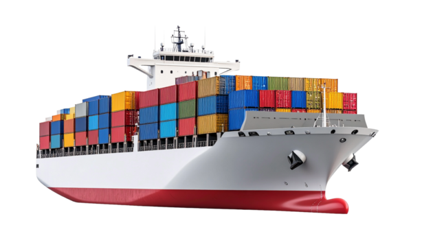 A large container ship loaded with colorful cargo containers on white background