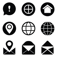 Set of Black Home Location Globe Email Phone Icons in Two Styles for UI Design.