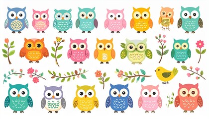 Cute colorful owls collection with flowers and bird. Perfect for kids design, fabrics, and patterns.
