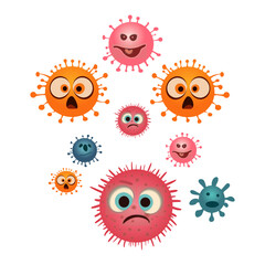 a collection of bacteria, microbes, funny germs, and viruses isolate cartoon vector characters with funny faces. cells with teeth and tongue.