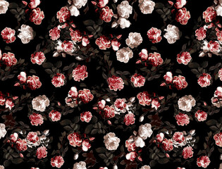 stock photo peony rose flower seamless pattern on black, abstract watercolor texture vector design 