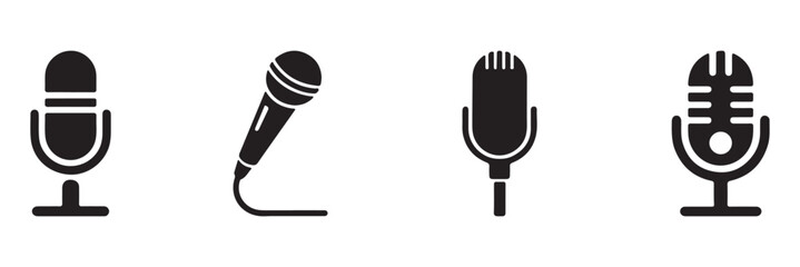 Microphone icon set. Audio speech podcast mic vector symbol. Different microphone collection. Thin line microphone pictogram. Voice record mike icon in black. Vector illustration