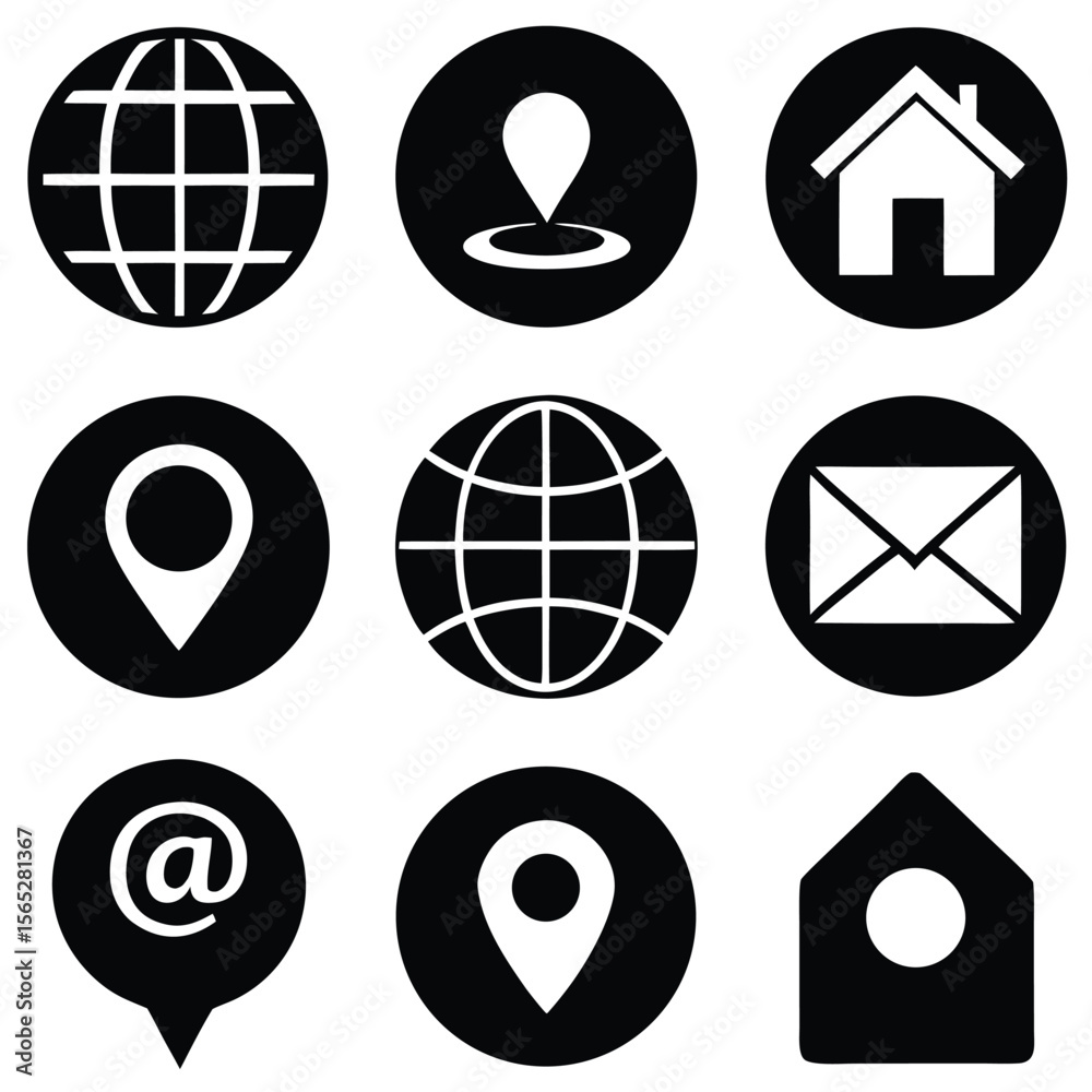 Fototapete set of black navigation icons home location globe email phone in solid outlined styles.
