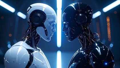 Black and white robot facing each other in dim light, symbolizing dichotomy and innovation.