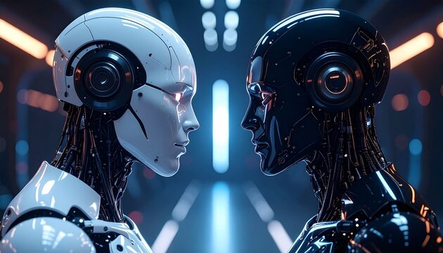 Two advanced robots, facing each other with focused expressions. The image embodies the futuristic nature of artificial intelligence - Powered by Adobe