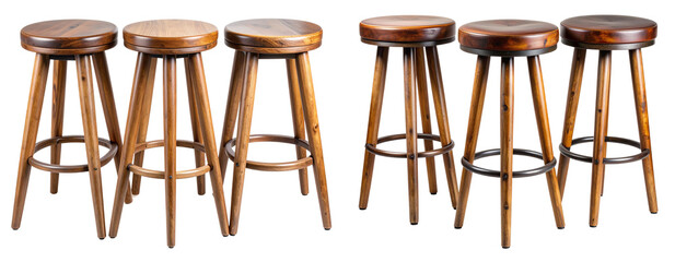  Set of Three Rustic Wooden Bar Stools with Round Seats, Isolated on Transparent Background PNG