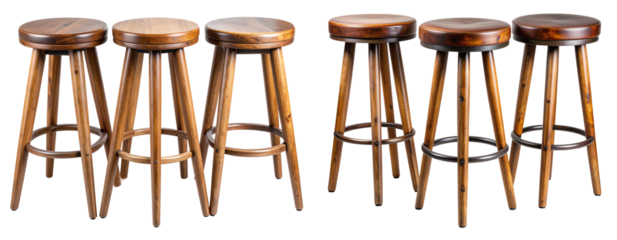  Set of Three Rustic Wooden Bar Stools with Round Seats, Isolated on Transparent Background PNG