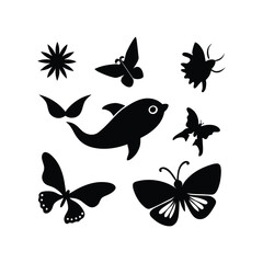 Charming Black and White Silhouettes of Nature Butterflies, Dolphin, and Flower