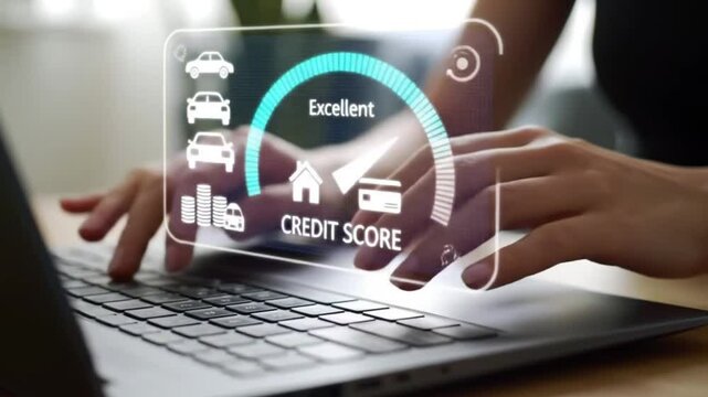 Excellent Credit Score Online Woman Typing on Laptop with HUD Display - Powered by Adobe