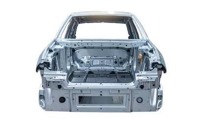 Automobile Chassis Skeleton in front view. The vehicle chassis is composed of a intricate metal framework