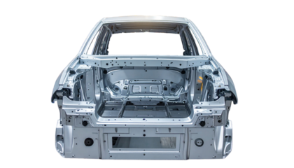 Automobile Chassis Skeleton in front view. The vehicle chassis is composed of a intricate metal framework