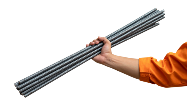 A person hand holding several pieces of rebar 