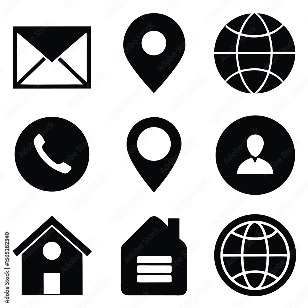 Fototapete set of solid and outlined black icons for navigation home location globe email phone.