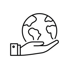 Human Environmental Protection Line Icon. World Environment Conservation Linear Pictogram. Hand Holding Earth Planet Outline Icon. Save Global Nature. Editable Stroke. Isolated Vector Illustration.