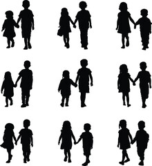 Collection of diverse silhouettes of children holding hands and walking