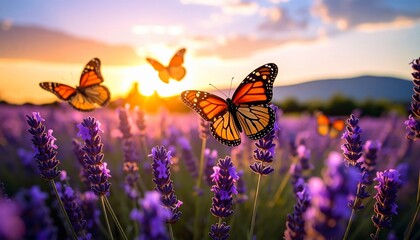 Sunset Lavender Field with Monarch Butterflies