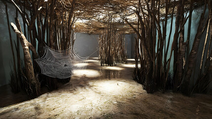 A swampy, indoor forest with a spiderweb.  Sunlight filters through the tall,  brown branches.  A damp, sandy floor