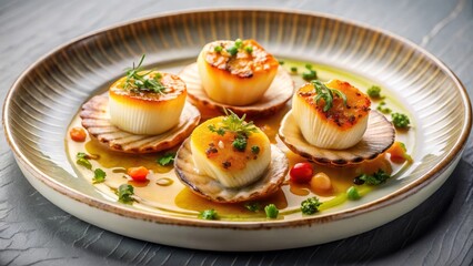 Gourmet Pan-Seared Scallops with Herb Butter Sauce and Colorful Vegetable Garnish on Elegant Plate