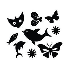 Collection of Adorable Black and White Animal Silhouettes Dolphins, Butterflies, Fish, and More