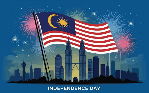 Malaysia flag waving over city skyline with fireworks vector