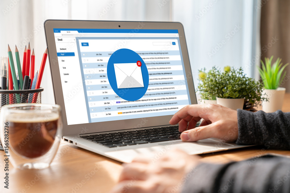 Poster email notification message showing on computer screen snugly. digital marketing message information 
