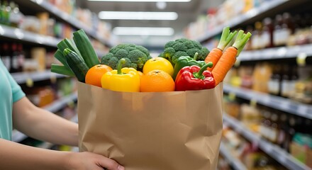 Close up Hand hold Fresh Healthy vegetable and fruit at brown paper bag. Grocery Shopping Healthy and diet food photo concept