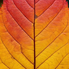 Obraz premium Macro photo of autumn red yellow elm leaf with natural texture as natural banner. Fall colors aesthetic background with yellow leaves texture close up with veins, autumnal foliage, Ai generate, 