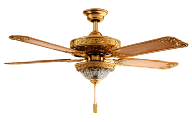 A ceiling fan with five wooden blades and an ornate gold base, isolated on a transparent background