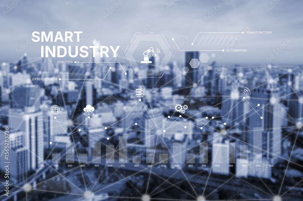 Poster smart industry dashboard combining automation, robotics, cloud integration, cybersecurity, and data 
