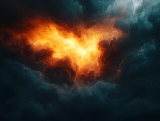 Celestial Inferno: A vibrant display of nature's raw power, as a blazing heart of fire erupts from the heart of an ominous storm cloud. 