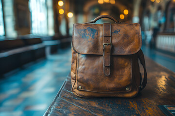 Vintage Leather Backpack in Historic Setting: A detailed shot of an antique, brown leather backpack rests on a wooden surface, bathed in warm, ambient light.