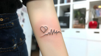 Delicate heart and heartbeat line tattoo on the forearm.  A small, simple heart with a tear inside, accompanied by a thin line representing a heartbeat graphic.  Soft, muted tones