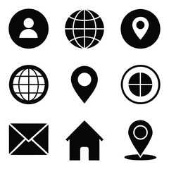 Solid and Outlined Black Icons in Grid Home Location Globe Email Telephone for Apps.