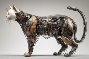 A biomech cat made of wires and chrome plates, neutral pose, centered with no background. --chaos 30 --ar 3:2 --stylize 50 --v 7 Job ID: 3bc16c73-c88c-457e-972e-836f63bbbec9