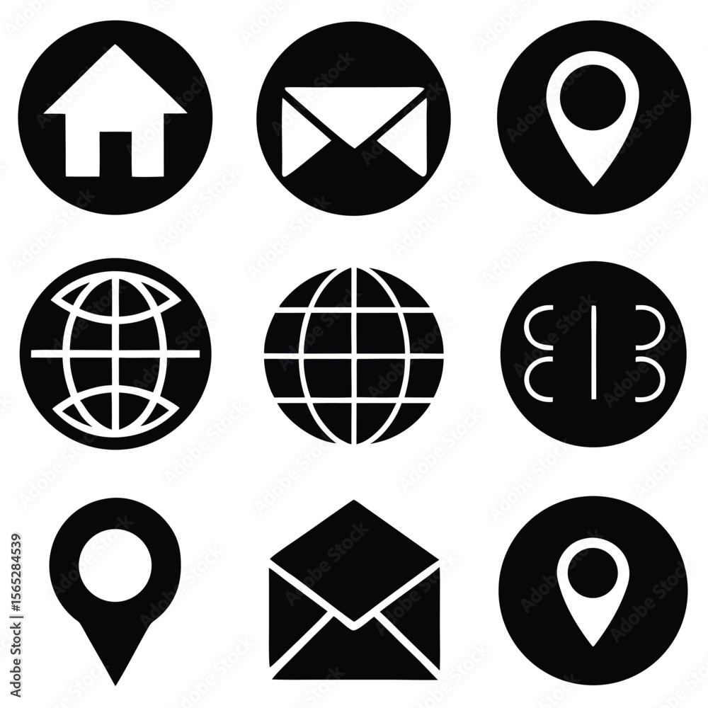 Fototapete solid and outlined black icons set home location globe email phone for web or app.