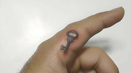 Tiny key tattoo on finger.  Small, detailed key design inked on the side of a finger
