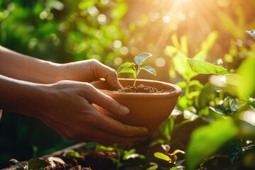 Tender hands gently hold a young plant in a terracotta pot, bathed in warm sunlight.