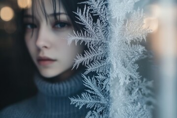 A young woman gazes pensively through a frosty windowpane, winter's beauty mirroring her melancholic mood.