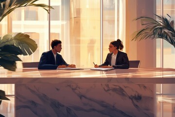 Two young professionals having a meeting in a modern office, discussing business or ideas.