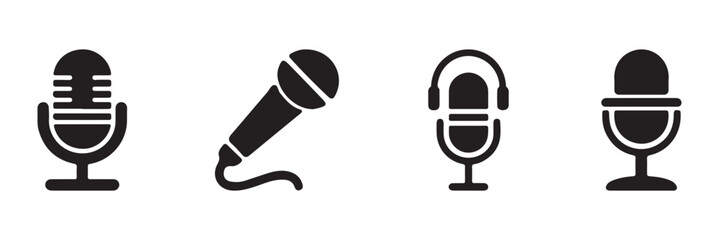 Microphone icon set. Audio speech podcast mic vector symbol. Different microphone collection. Thin line microphone pictogram. Voice record mike icon in black. Vector illustration