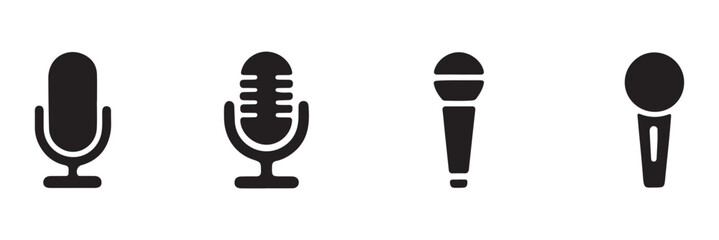 Different microphone collection. Podcast mike, journalist microphone, karaoke, conference. Thin line microphone pictogram. Voice record mike icon in black. eps 10