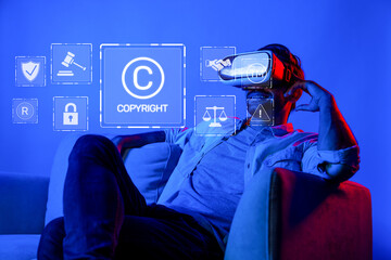 A person immersed in virtual reality, exploring concepts of copyright and online regulations,...