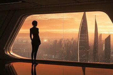 Silhouette of a woman gazing at a futuristic cityscape at sunset, a breathtaking view.